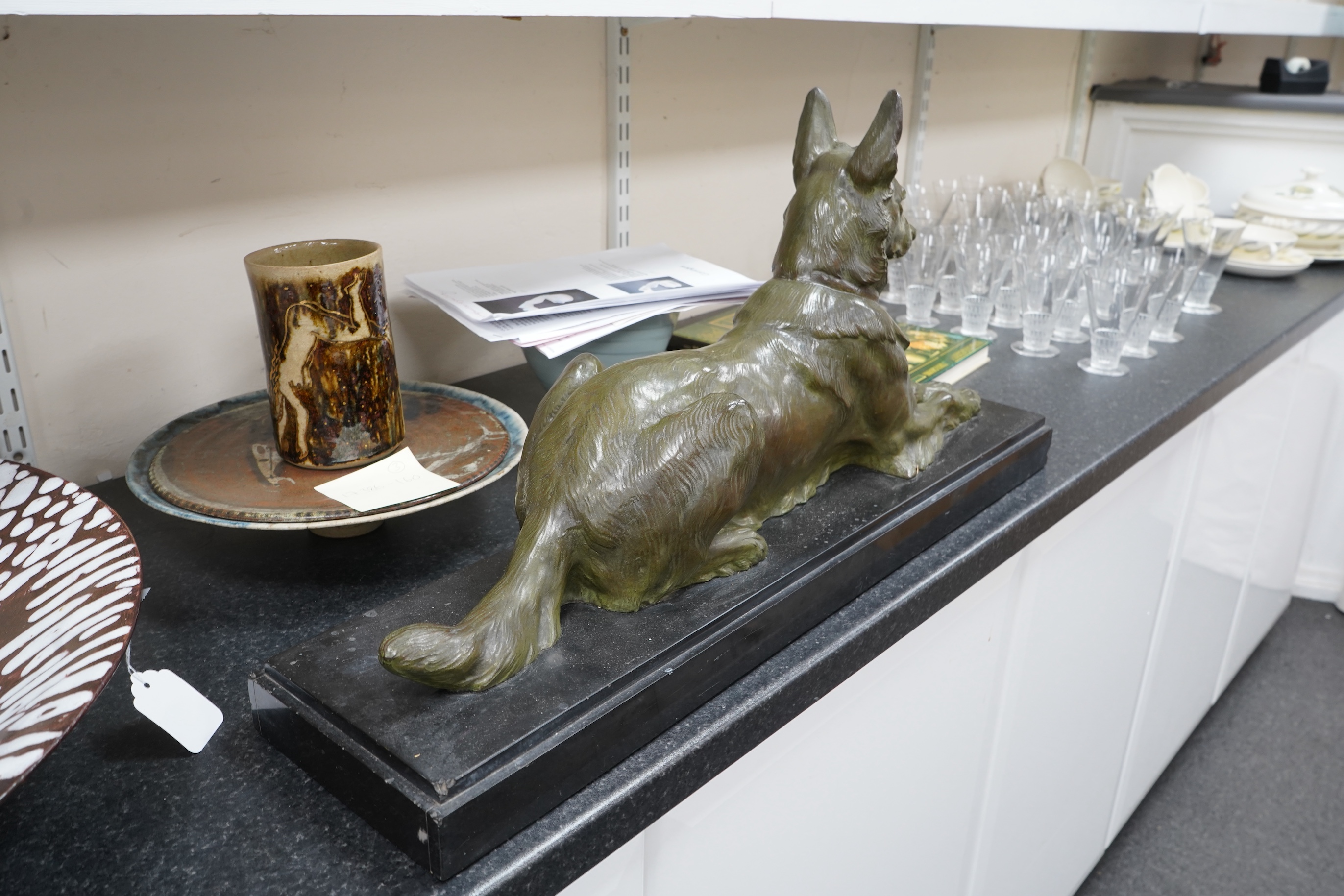 J.E. Masson - Bronze seated Alsatian dog on black marble stand, 70.5cm wide x 34.5cm high